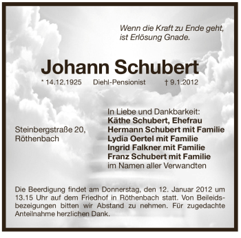 Traueranzeige von Johann Schubert von Pegnitz-Zeitung